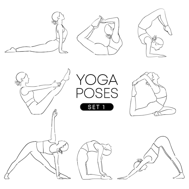 Disegnata a mano nera di una ragazza in molte pose diverse di yoga isolate su bianco.