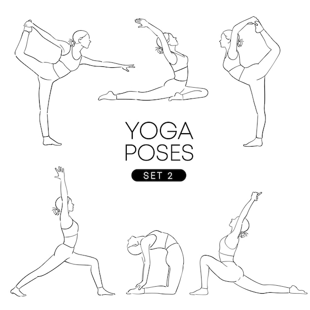 Vector black hand drawn of a girl in many different yoga poses isolated on white.