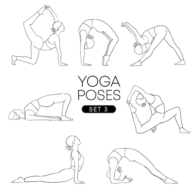 Black hand drawn of a girl in many different yoga poses isolated on white.