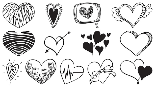 Vector black hand drawn hearts set