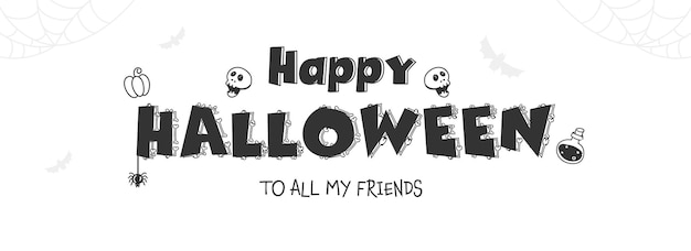 Black Happy Halloween Font Decorated With Bones, Skull, Spider Hang, Potion Bottle And Pumpkin On White Background.