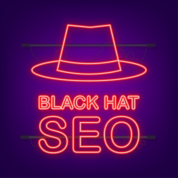 Black hat seo neon banner vergrootglas en andere tools en tactieken voor zoekmachineoptimalisatie