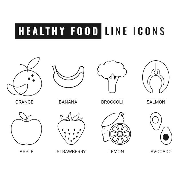 Black healthy food line icons on white background.