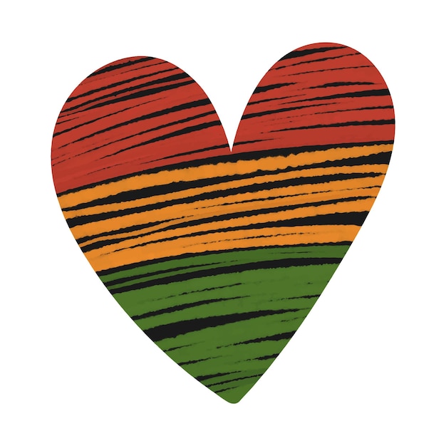 Черное сердце с текстурированными полосками в традиционных африканских цветах: красный, желтый, зеленый, июньский дизайн.