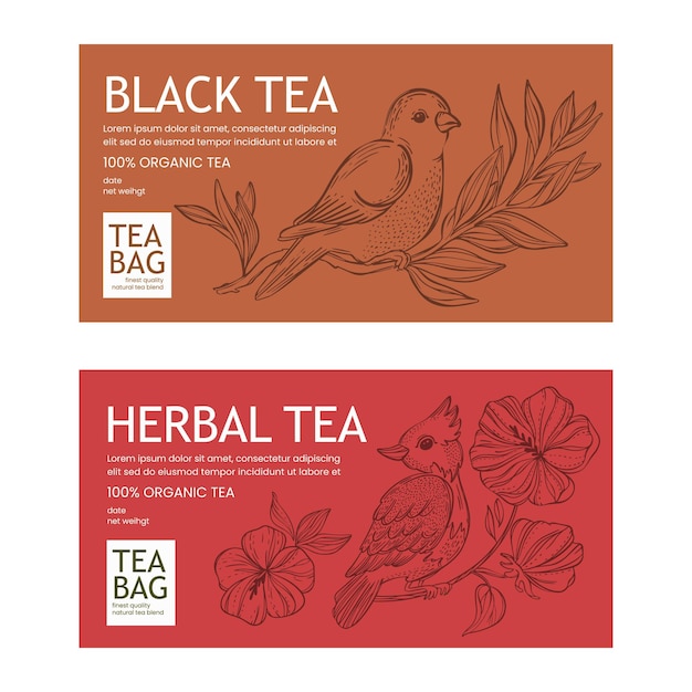 Vector black and herbal tea packaging with birds and flowers set