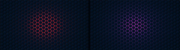 Vector black hexagon pattern on glowing red blue green neon abstract background in technology style