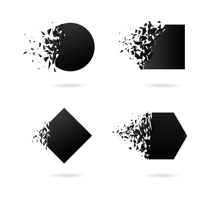Black hexahedron, rhombus, circle  with explosion effect on white background with debris.
