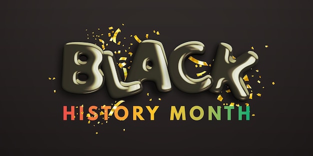 Black history month banner with glossy 3d text and golden confetti african american heritage month
