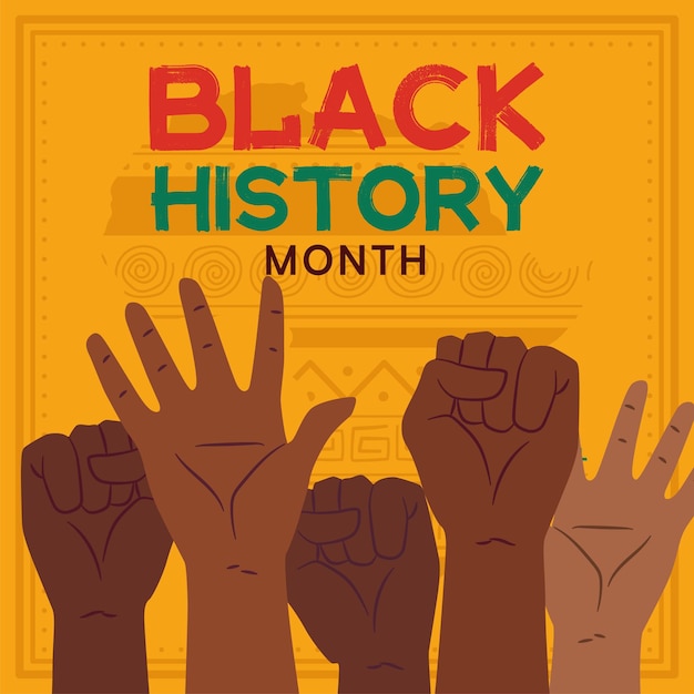 Black history month poster group of raising protesting hands vector