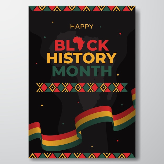 리본 플래그 지도와 아프리카 패턴 일러스트레이션 디자인이 포함된 흑인 역사의 달 포스터