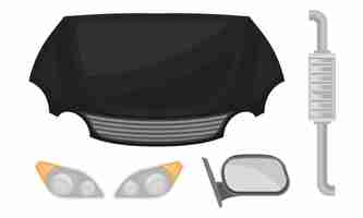 Vector black hood car headlights side mirror and silencer vector illustration on a white background