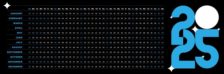 Vector black horizontal 2025 calendar