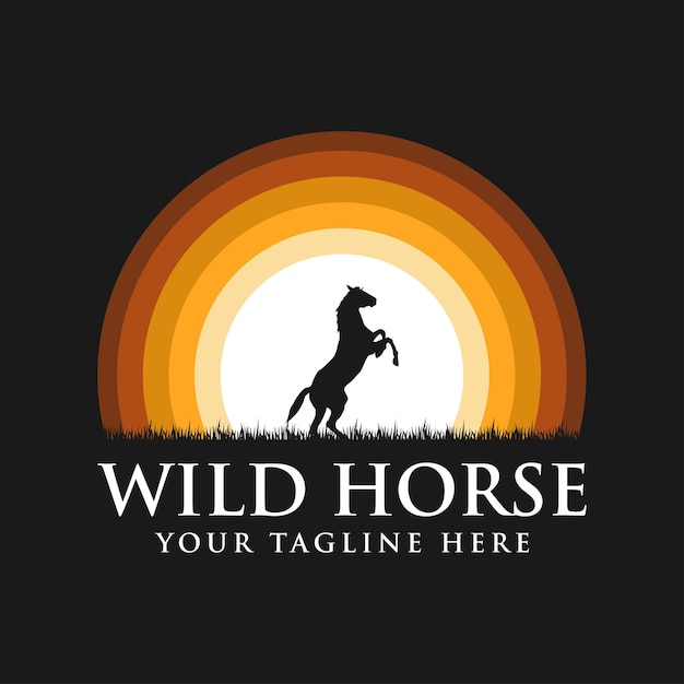 Black horse silhouette logo with sunset background