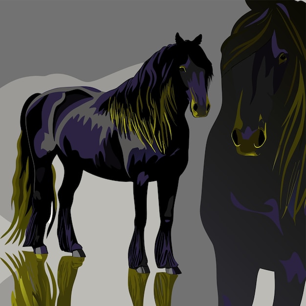 黒い馬の隣に立っている黒い毛皮の黒い馬