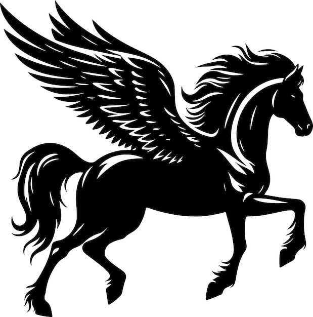 Черная лошадь с крыльями с надписью "Пегас"