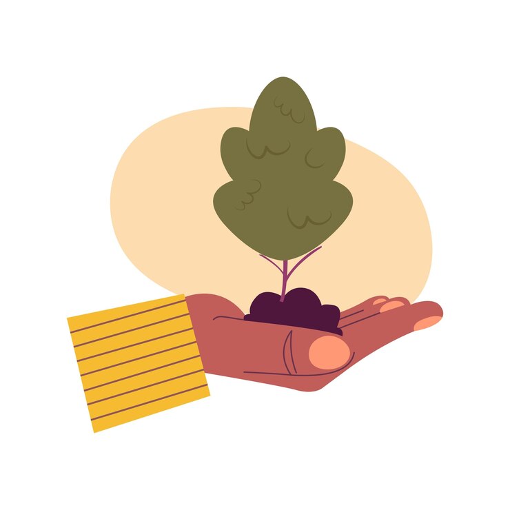 Vector black human hand holds small green tree green energy and sustainable lifestyle concept