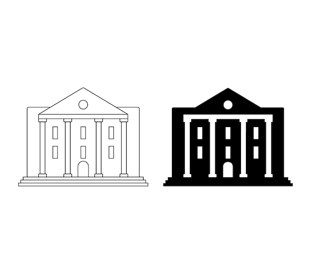 Black icon of bank or institute Building of theater library or public institution isolated on white Vector outline illustration