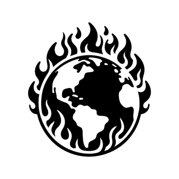 Black icon of Earth with flame Global warming or climate change concept Globe icon