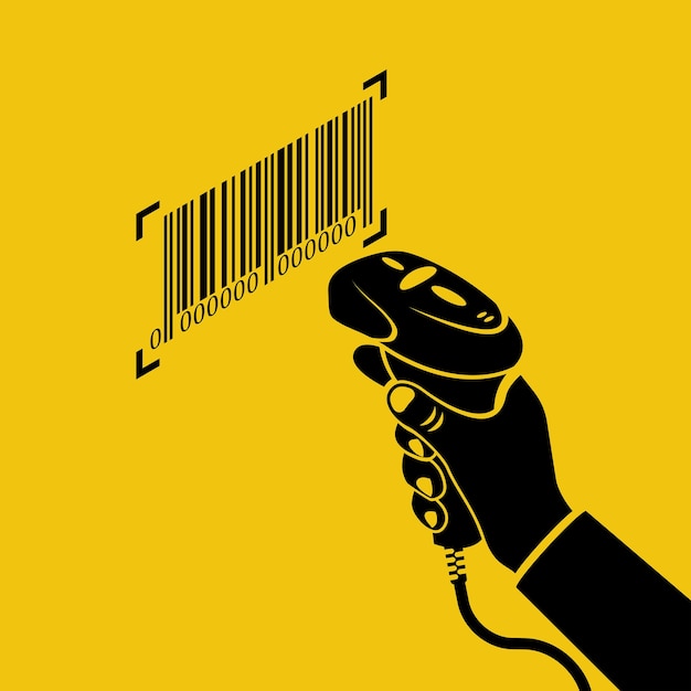 Black icon operator holds a barcode scanner hand