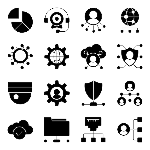 A black icon set of icons including a data center, a cloud, a globe, a globe, a clock, a clock, a clock, a clock, a clock, a clock,