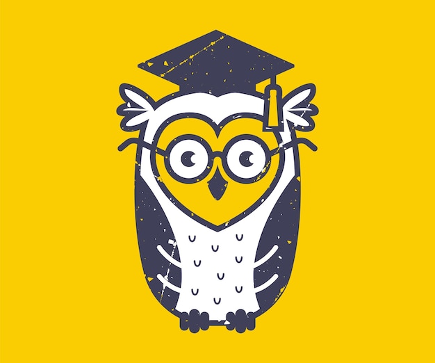 Black icon of smart owl in the hat of college graduate in grunge style. flat vector illustration