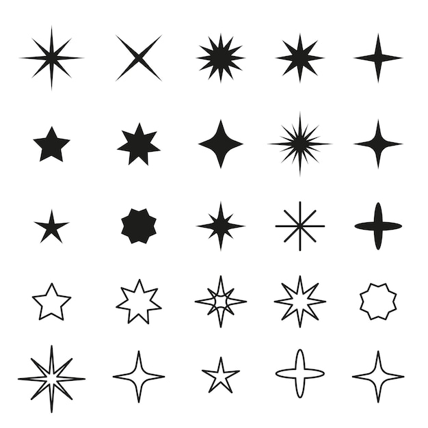 Vector black icons of different shapes of stars isolated on white background