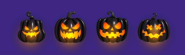 Vettore zucca gonfiata nera con un sorriso inquietante e occhi luminosi zucca gonfiabile zucche gonfiabili nere 3d con sorriso di gioia tagliato spaventoso illustrazione vettoriale