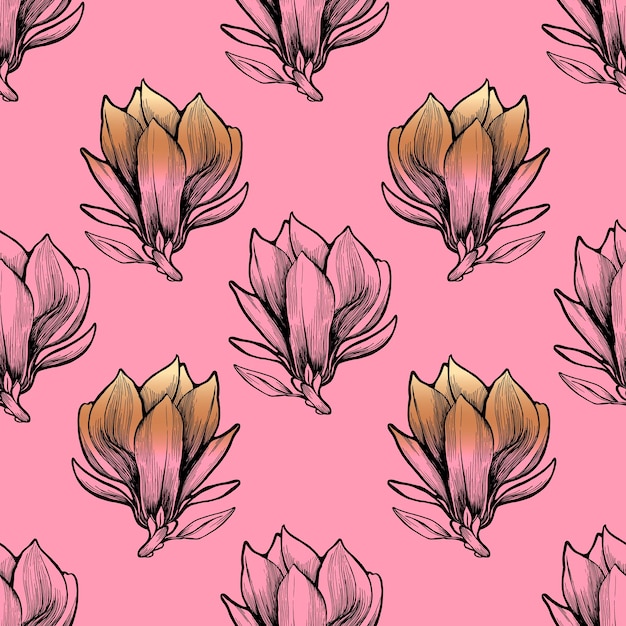 Black ink doodle realistic magnolia. Engraving flower. Seamless pattern for wrapping paper, textile.