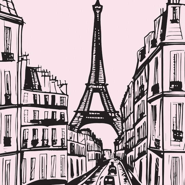 Black Ink Drawing of Paris City Vector Eiffel Tower Architecture