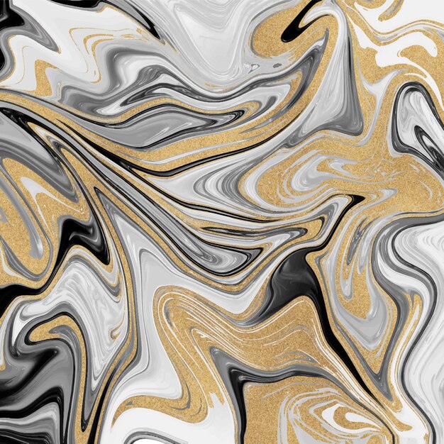 Liquido di inchiostro nero con texture glitter oro.