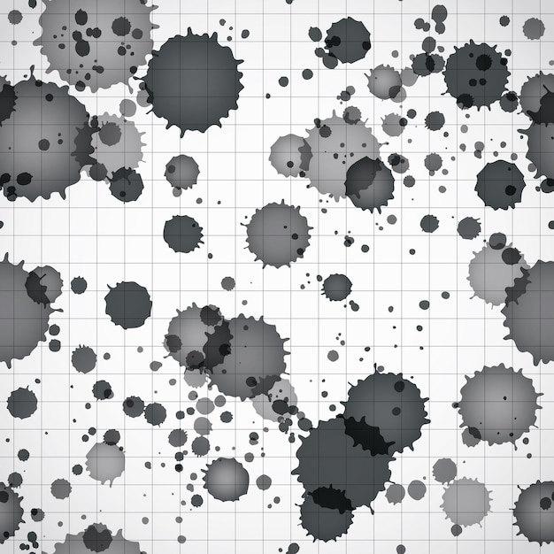 Vector black ink splats on a copybook page seamless background