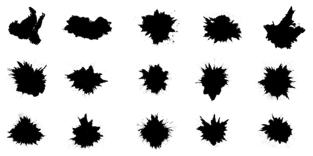 Black ink spots are set on white background Set of black splashes Vector illustration