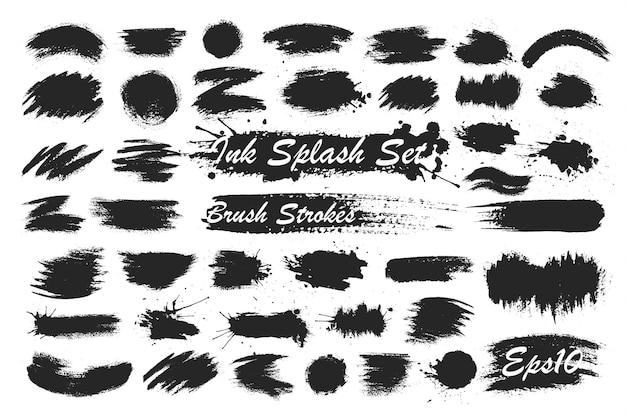 Black ink spots set on white background Ink illustration Brush strokes set