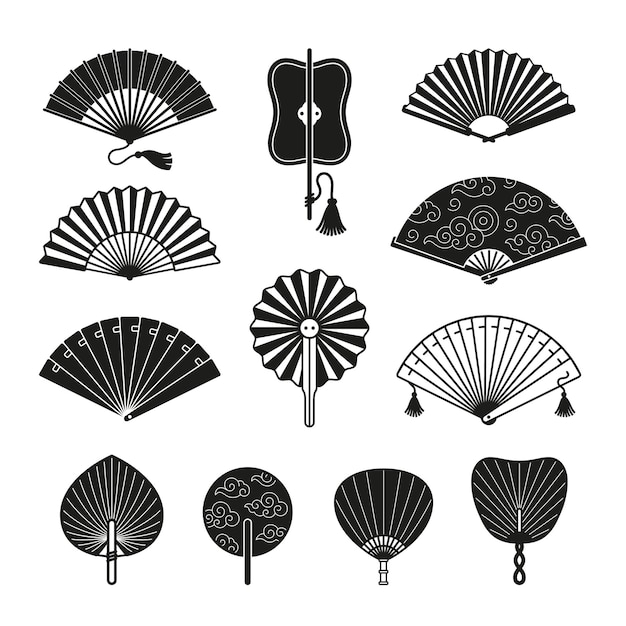 Black japanese fan icons Dance elegant asian fans design isolated on white background Simple handheld fanning oriental symbols chinese tidy vector set
