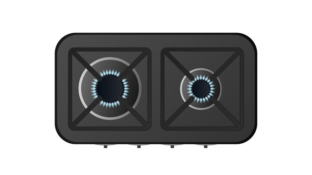 Вектор Черная кухонная плита с видом сверху. включена газовая плита. современная печь для кухни в реалистичном стиле. изолированные.