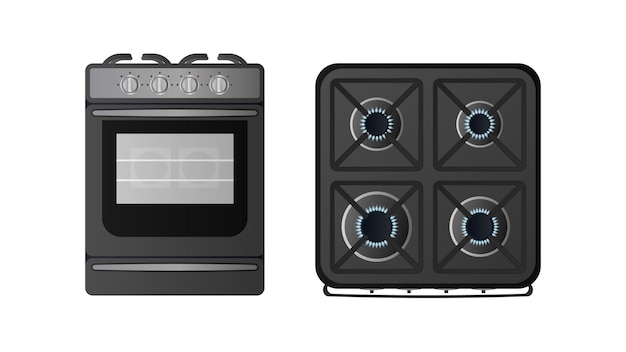 Черная кухонная плита с видом сверху. Включена газовая плита. Современная духовка для кухни в реалистичном стиле. Изолированный. Вектор.