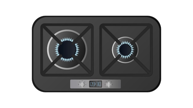 Black kitchen stove with top view. Included gas stove. Modern oven for the kitchen in a realistic style. Isolated. Vector.