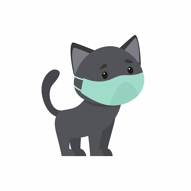 그의 얼굴에 보호 마스크와 검은 고양이. 호흡기 질환, 알레르기에 대한 보호의 개념.