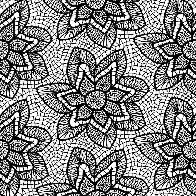 Vector black knitted lace pattern with flowers