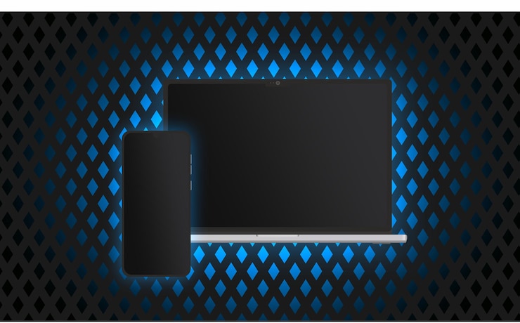 Vector a black laptop and smartphone mockup with a blue neon light background with a striped pattern