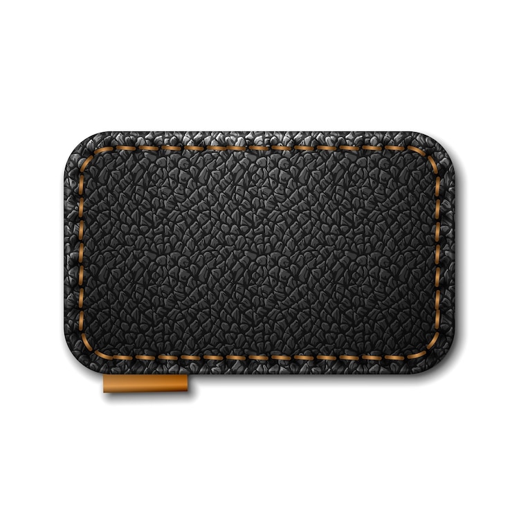 Vector black leather label restangle shape with stitches. leather patch with seam. vector realistic illustration on white background.