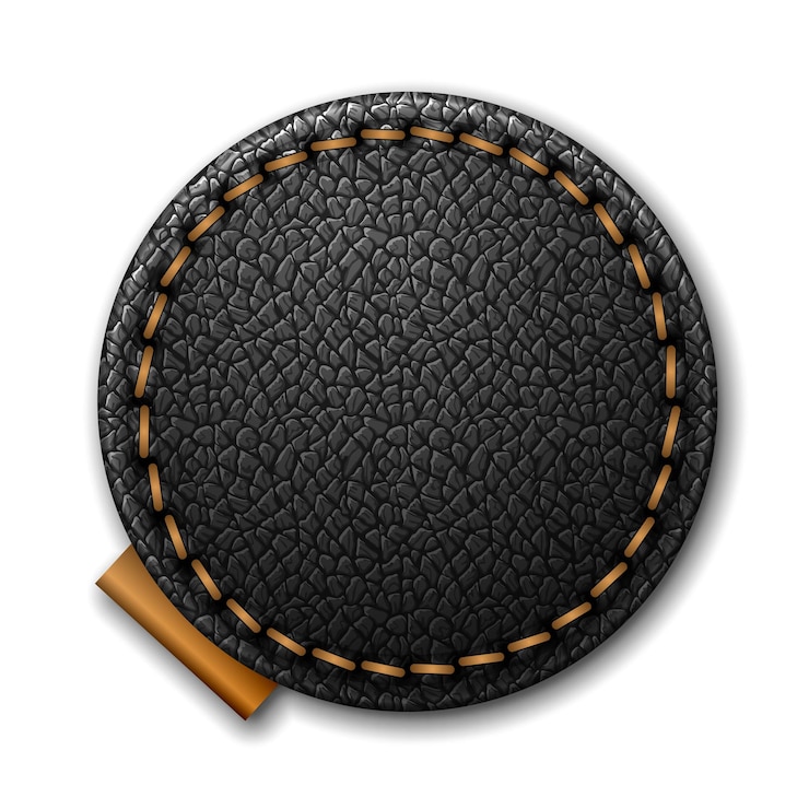 Vector black leather label round shape with stitches. leather patch with seam. vector realistic illustration on white background.