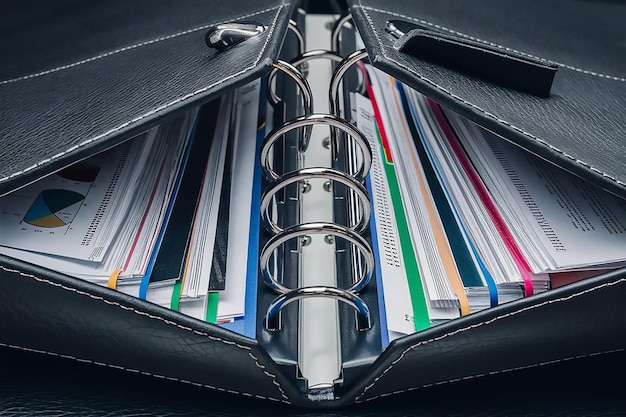 a black leather pouch with a silver buckle file of document on desk