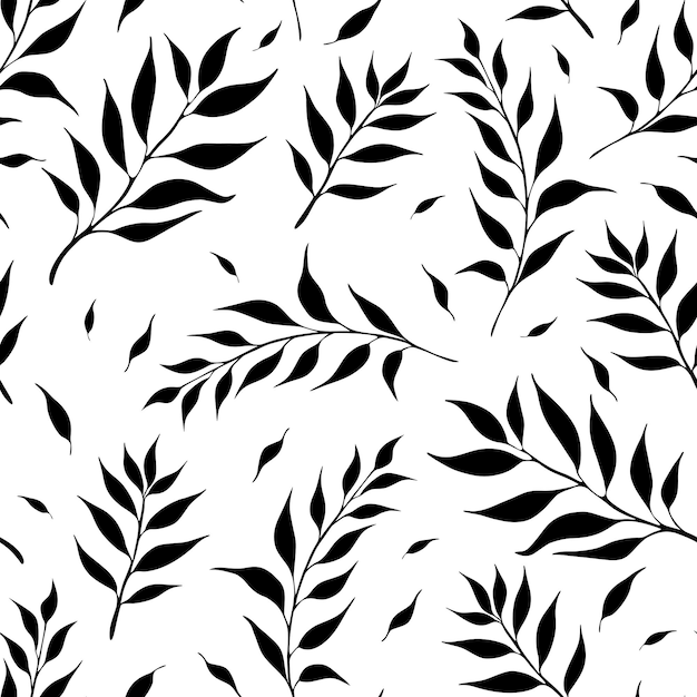 Vector black leaves ink style seamless pattern vector botany elements hand drawn on white background