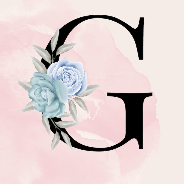 Vector black letter g font romantic typography with watercolor floral background