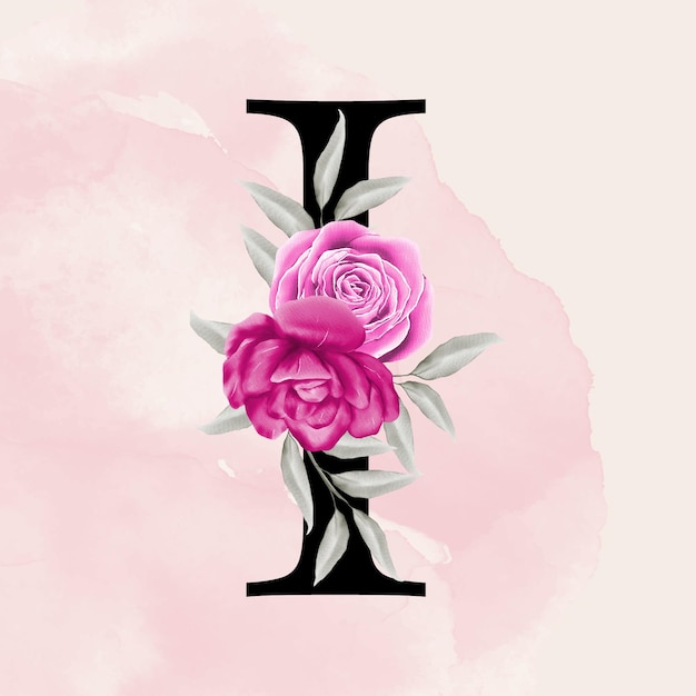 black letter i font romantic typography with pink watercolor floral background