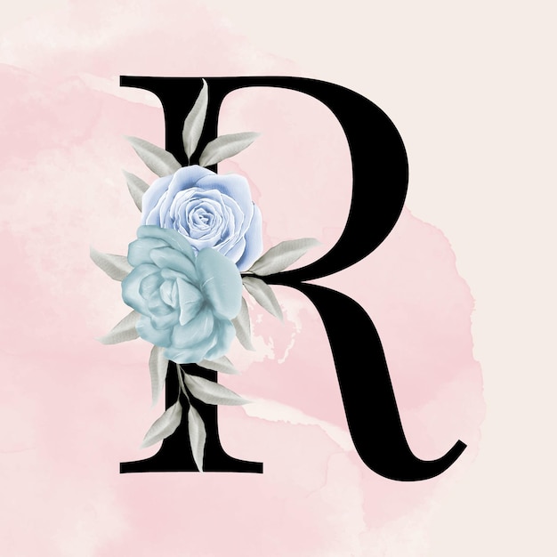 Vector black letter r font romantic typography with watercolor floral background