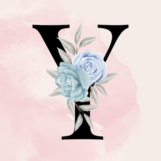 Black letter y font romantic typography with watercolor floral background