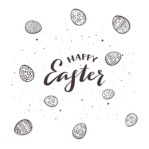 Black lettering Happy Easter and set of painted eggs isolated on white background illustration