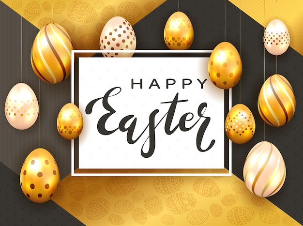 Black lettering Happy Easter on white card and hanging golden Easter eggs on holiday black and gold background. Illustration with holiday decorations can be used for holiday design and cards.